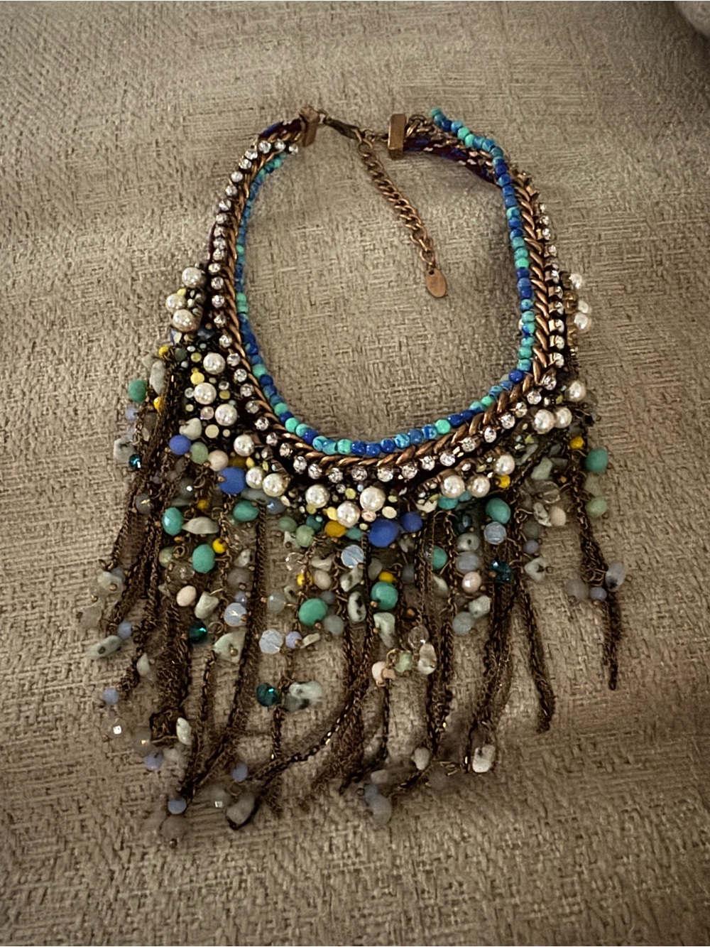 Beaded Fringe Statement Necklace in Turquoise and Blue